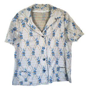 Vintage 1970s Button Up Blue Violets Floral Jacket Large